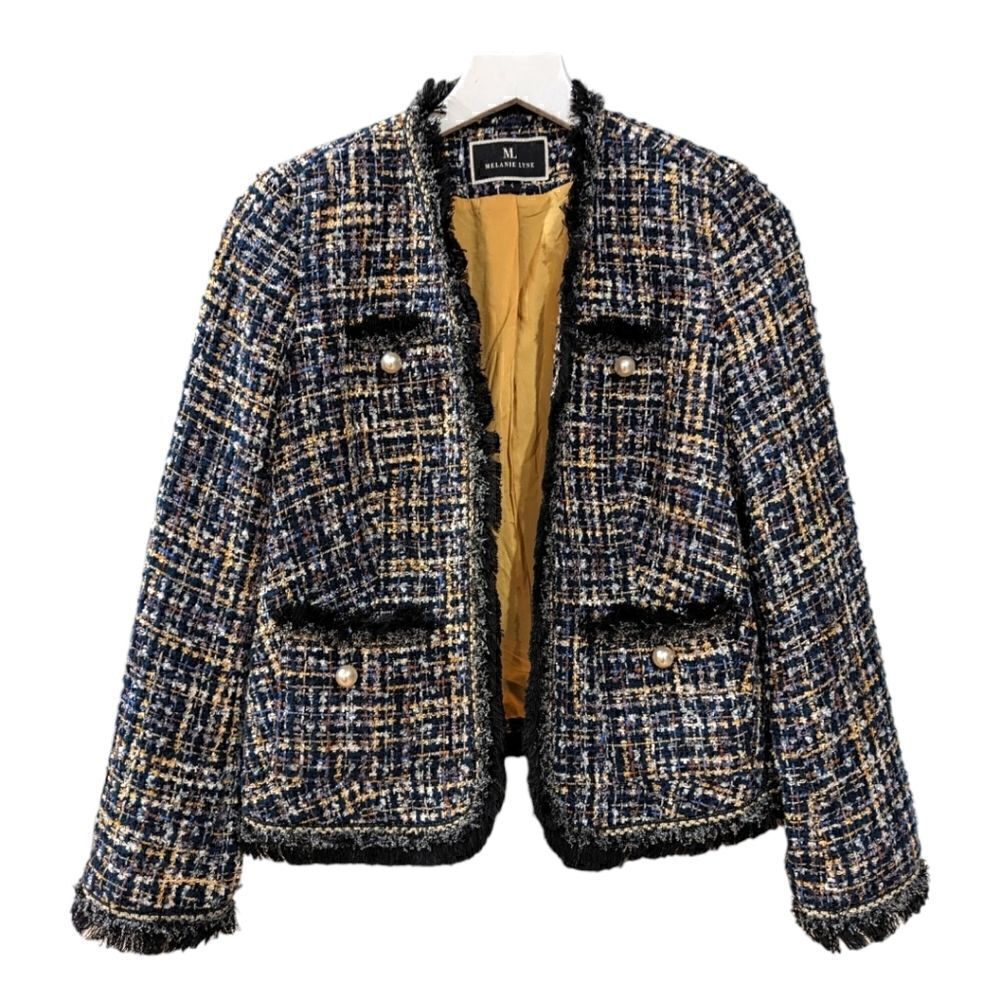 Melanie Lyne Multi-Colored Blue Tweed Open Front Blazer Jacket Frayed Trim Sz 4